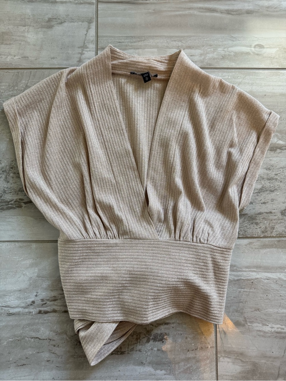 Express Soft Ribbed V-Neck Waistband Top - Beige